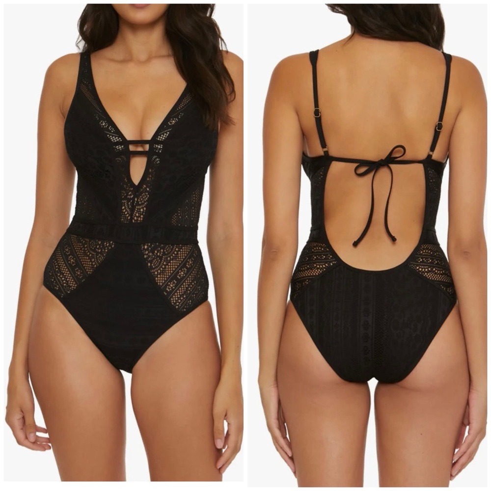 BECCA Black Lace Accent One-Piece Swimsuit, Large